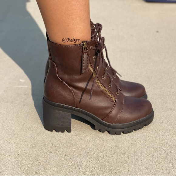 Brown chunky heel combat boots - Picture 3 of 7